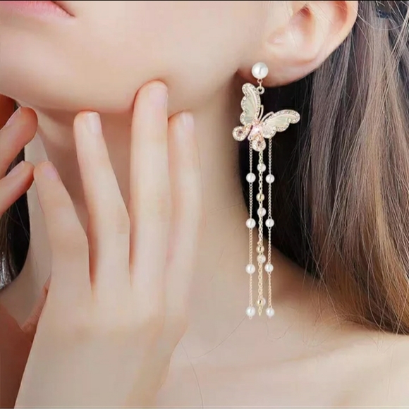 🎀Stunning Pearl Butterfly Long Tassel Earr - Picture 2 of 8